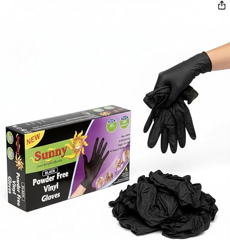 Sunny Disposable Vinyl Gloves – Black, Powder Free, Pack of 100