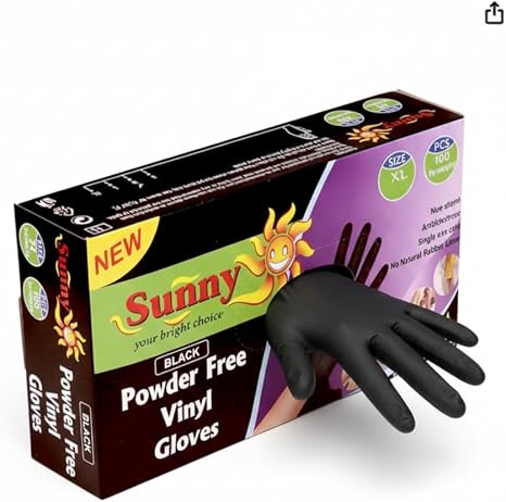 Sunny Disposable Vinyl Gloves – Black, Powder Free, Pack of 100