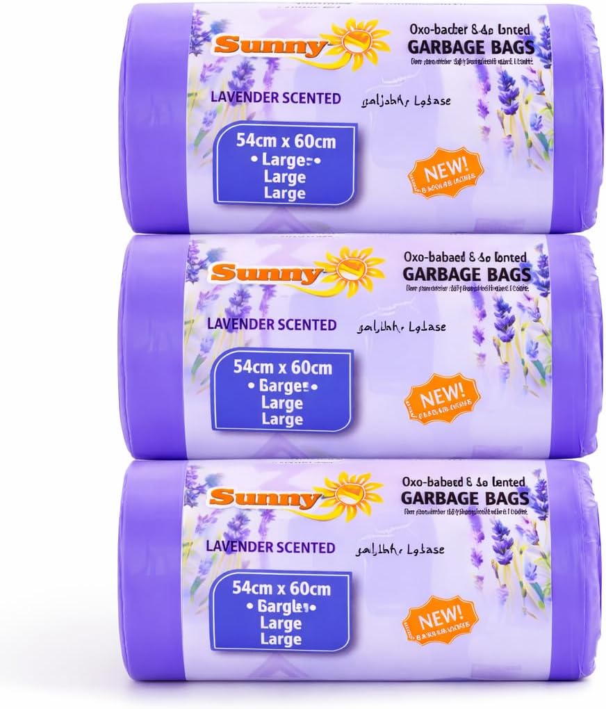 Sunny Lavender Scented Garbage Bags – 10 Gallons, 3 Rolls (90 Bags)