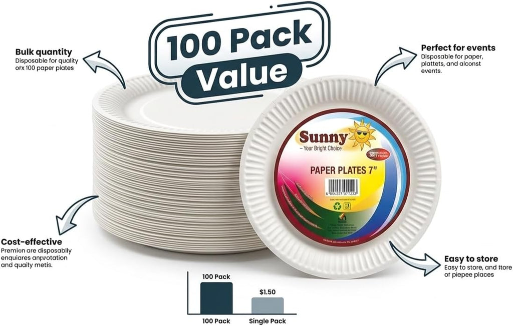 Sunny Paper Plates 7 Inch White – Pack of 100