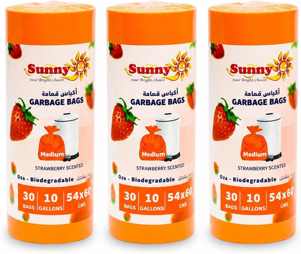 Sunny Strawberry Scented Garbage Bags – 10 Gallon, Pack of 3 (90 Bags)
