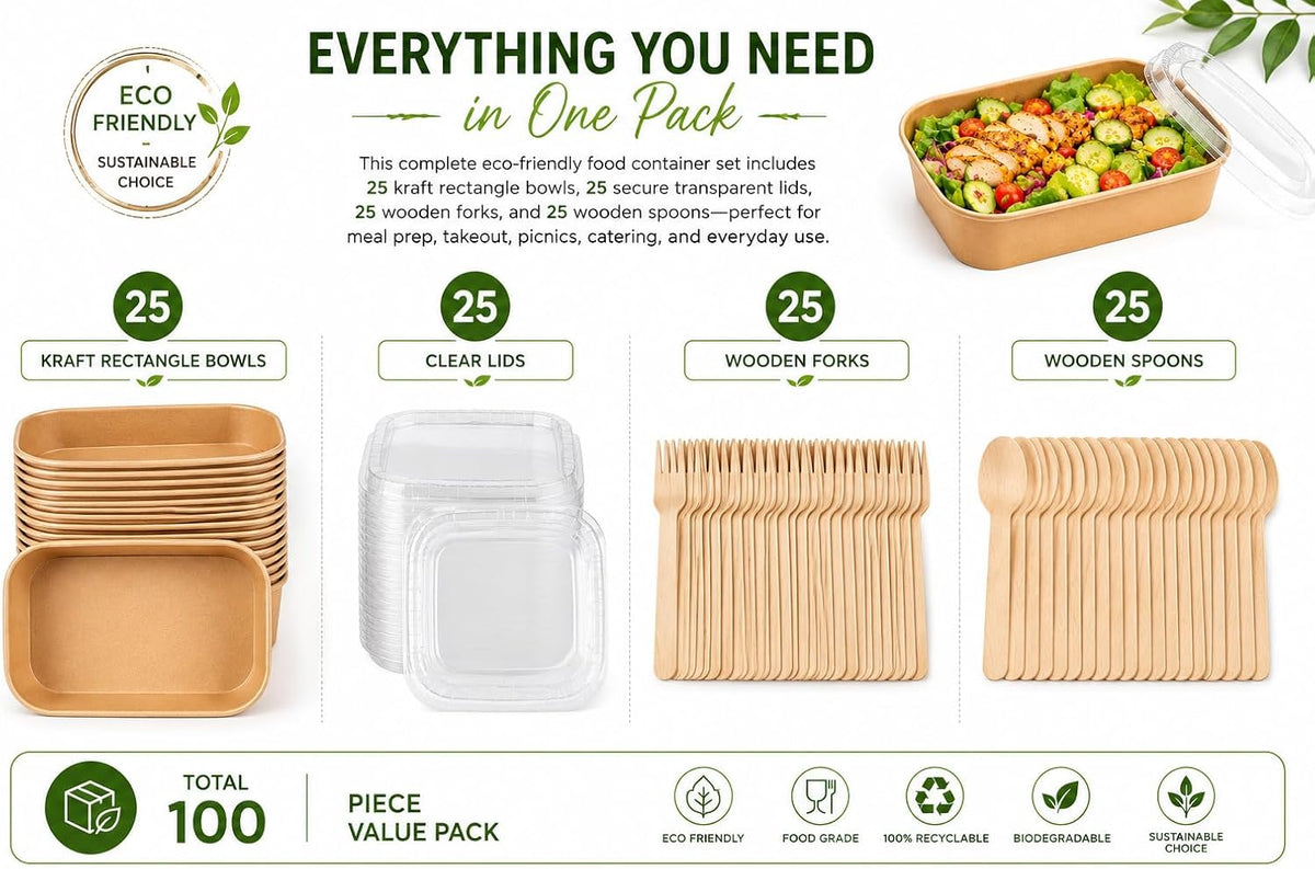 Sunny Kraft Salad Bowls with Lids & Cutlery – 500ml, Pack of 25