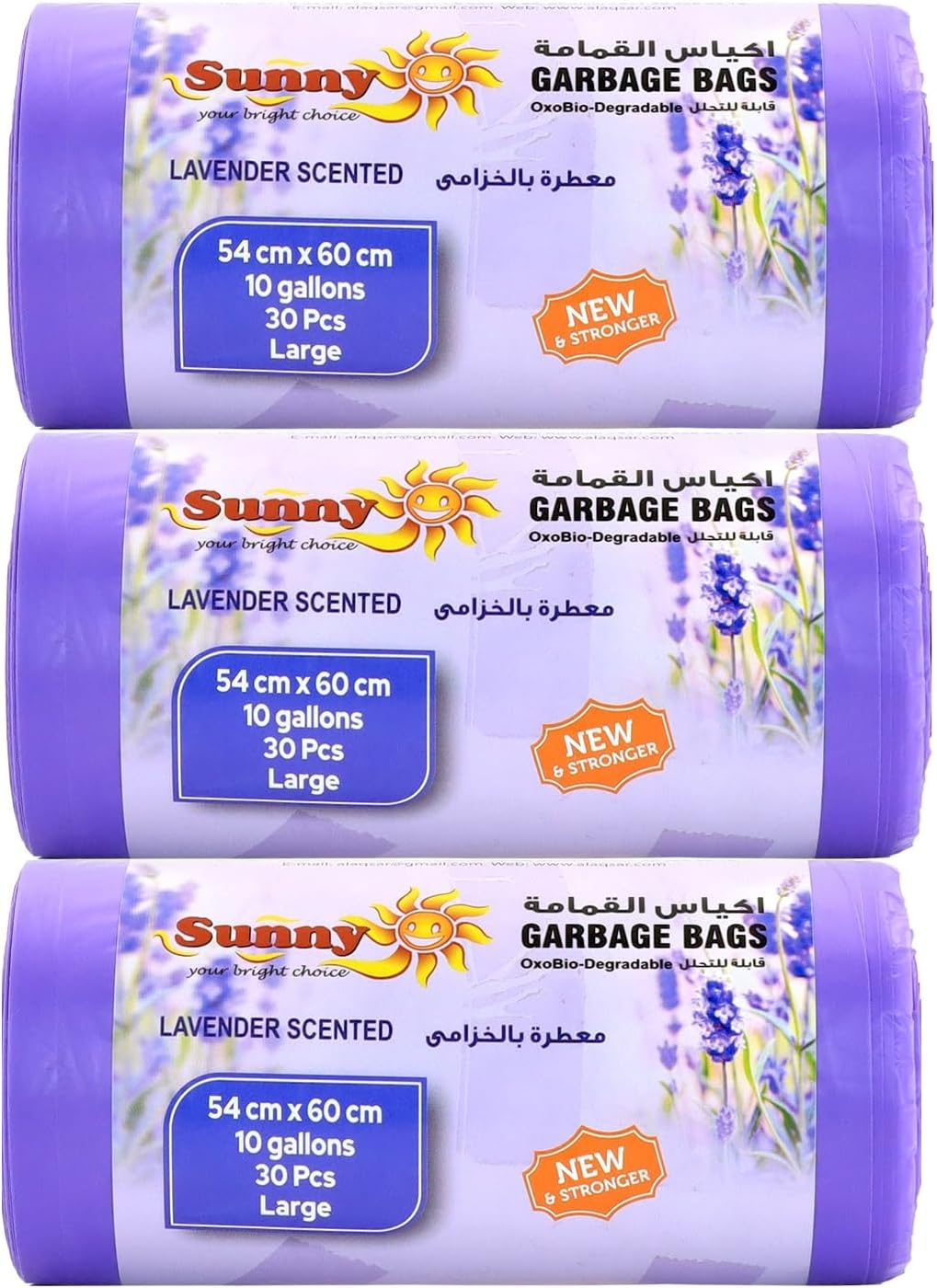 Sunny Lavender Scented Garbage Bags – 10 Gallons, 3 Rolls (90 Bags)