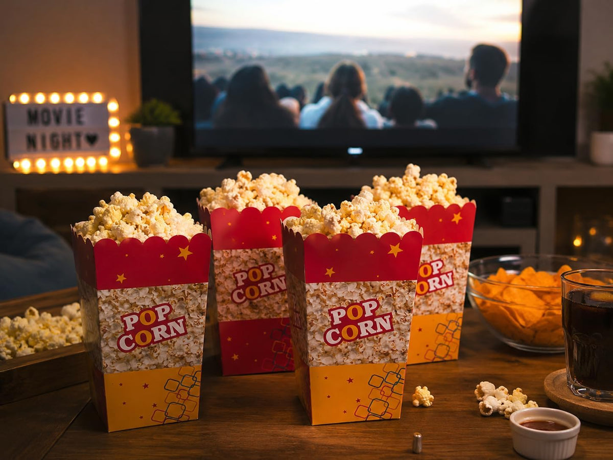 Sunny Popcorn Boxes – Red Paper Snack Containers, Pack of 25