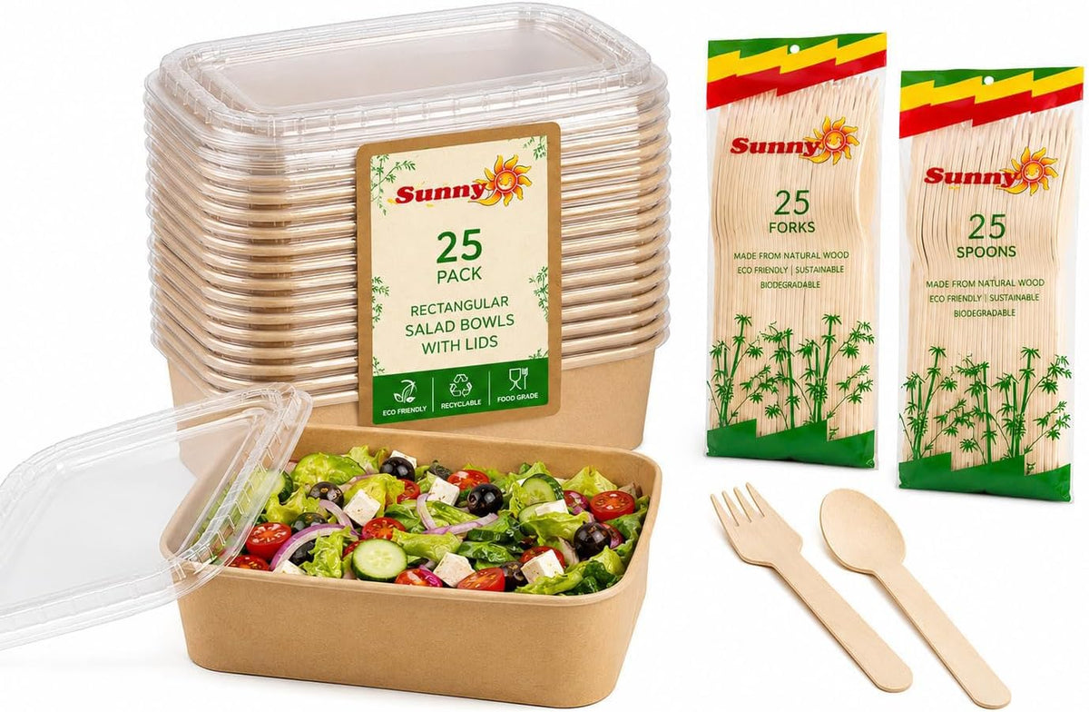 Sunny Kraft Salad Bowls with Lids & Cutlery – 500ml, Pack of 25