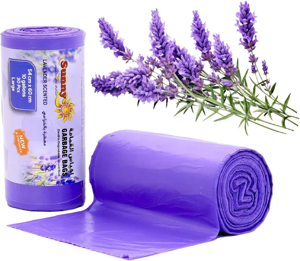 Sunny Lavender Scented Garbage Bags – 10 Gallons, 3 Rolls (90 Bags)