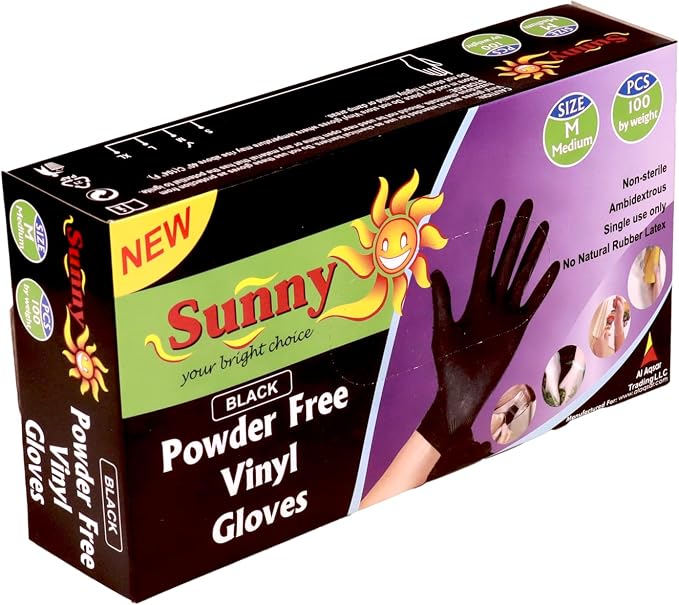 Sunny Disposable Vinyl Gloves – Black, Powder Free, Pack of 100