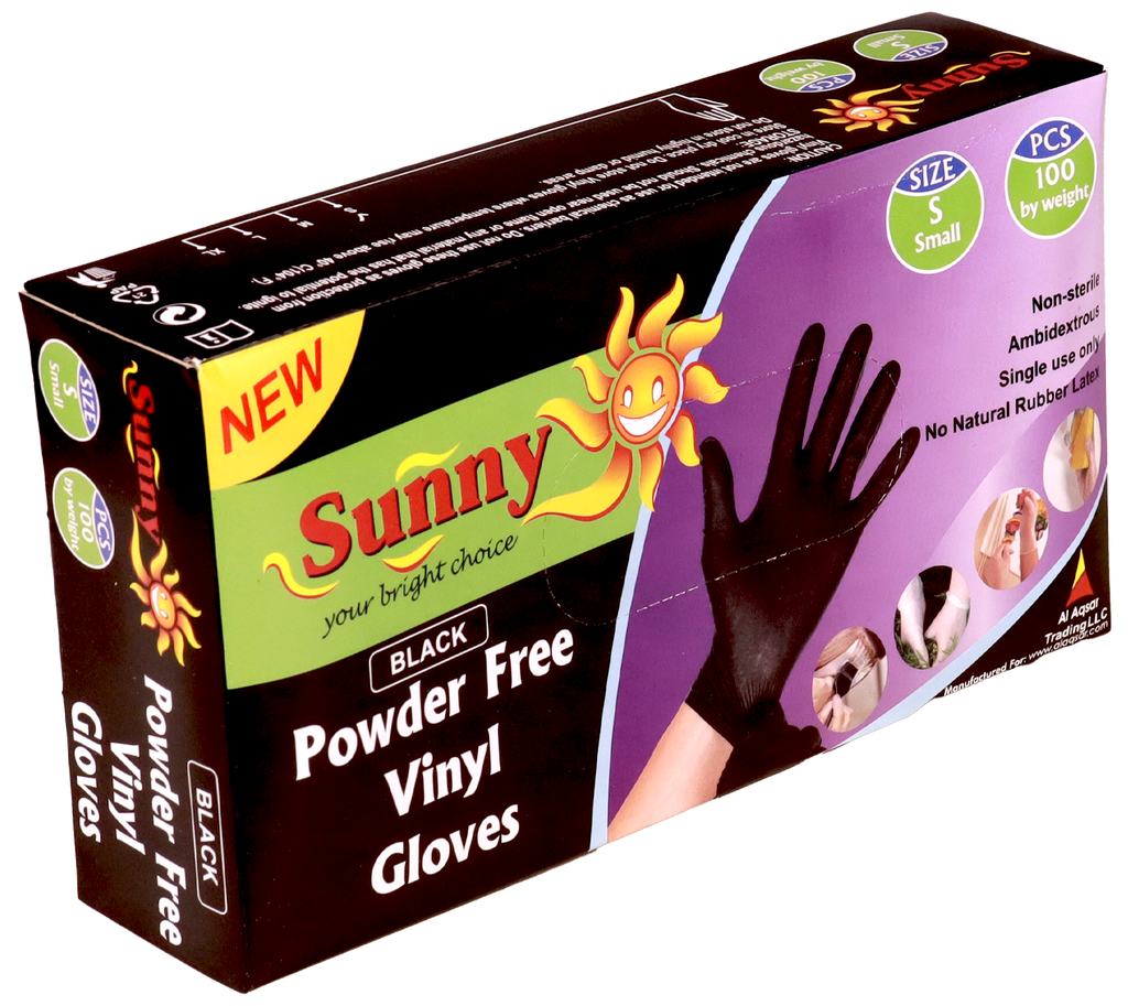 Sunny Disposable Vinyl Gloves – Black, Powder Free, Pack of 100