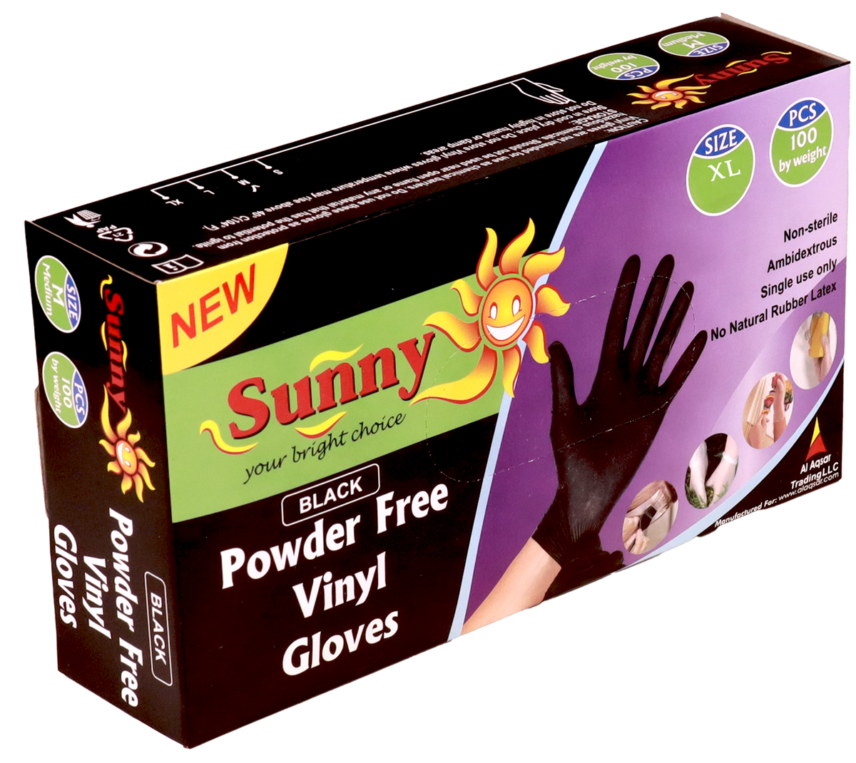 Sunny Disposable Vinyl Gloves – Black, Powder Free, Pack of 100