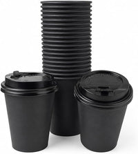Premium 8oz Black Paper Coffee Cups with Black Sip Lids | PE Coated Drink Cups -Pack of  25