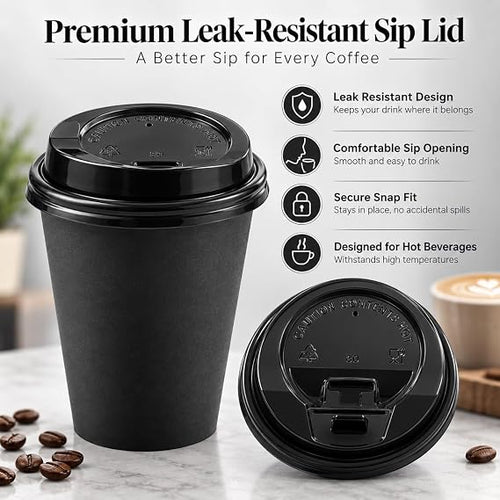 Premium 8oz Black Paper Coffee Cups with Black Sip Lids | PE Coated Drink Cups -Pack of  25
