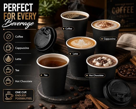 Premium 8oz Black Paper Coffee Cups with Black Sip Lids | PE Coated Drink Cups -Pack of  25