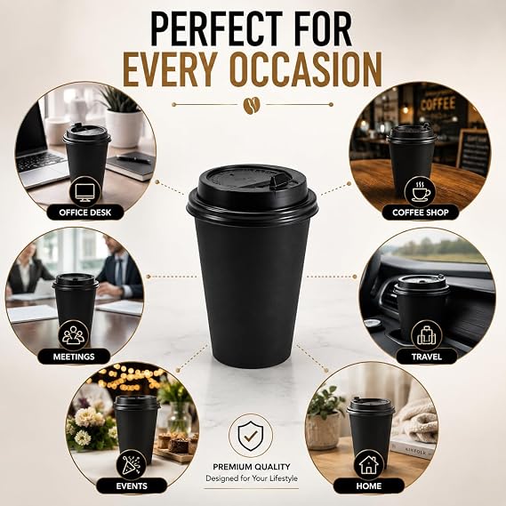 Premium 8oz Black Paper Coffee Cups with Black Sip Lids | PE Coated Drink Cups -Pack of  25