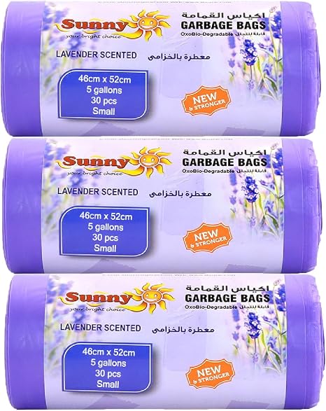 Premium Lavender Scented Trash Bags 90 PCS, 5 Gallon Garbage Bags, Heavy Duty Leak Proof Kitchen Bin Liners for Home & Office (46x52 cm) – Sunny