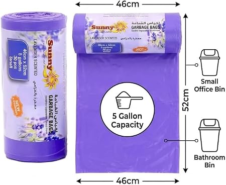 Premium Lavender Scented Trash Bags 90 PCS, 5 Gallon Garbage Bags, Heavy Duty Leak Proof Kitchen Bin Liners for Home & Office (46x52 cm) – Sunny