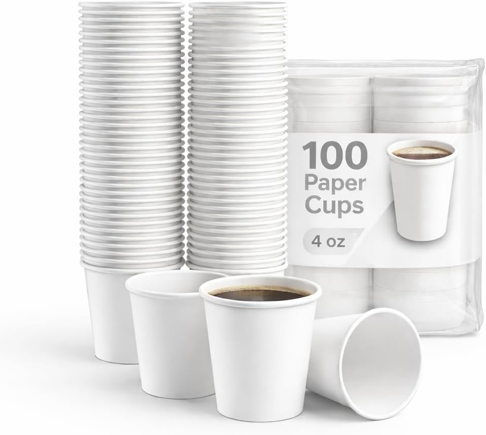 Sunny 4oz Paper Cups – 100 Pack | White 120ml Small Coffee & Tea Cups | Leak Proof, Heat Resistant, Heavy Duty | Party, Office & Catering Use