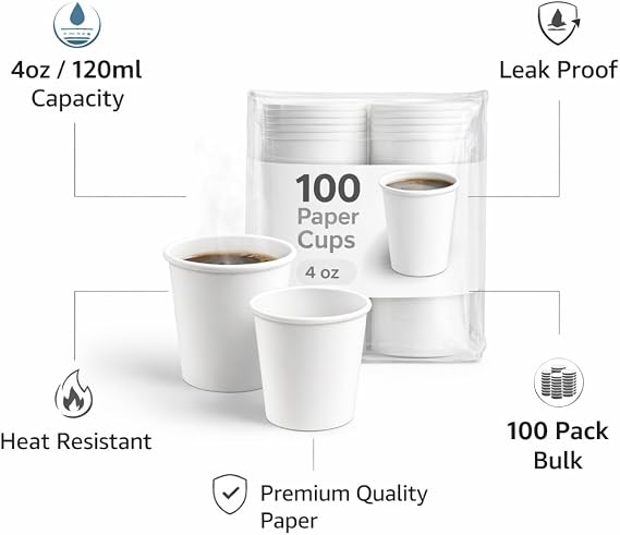 Sunny 4oz Paper Cups – 100 Pack | White 120ml Small Coffee & Tea Cups | Leak Proof, Heat Resistant, Heavy Duty | Party, Office & Catering Use