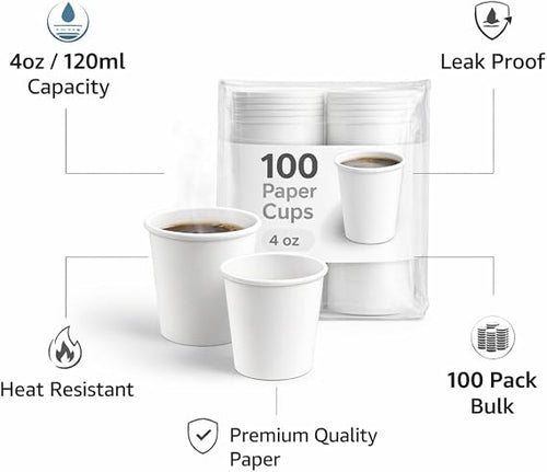 Sunny 4oz Paper Cups – 100 Pack | White 120ml Small Coffee & Tea Cups | Leak Proof, Heat Resistant, Heavy Duty | Party, Office & Catering Use