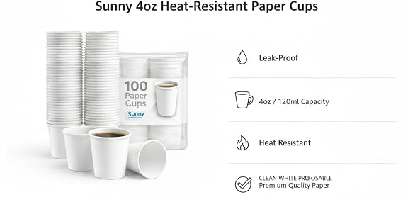 Sunny 4oz Paper Cups – 100 Pack | White 120ml Small Coffee & Tea Cups | Leak Proof, Heat Resistant, Heavy Duty | Party, Office & Catering Use