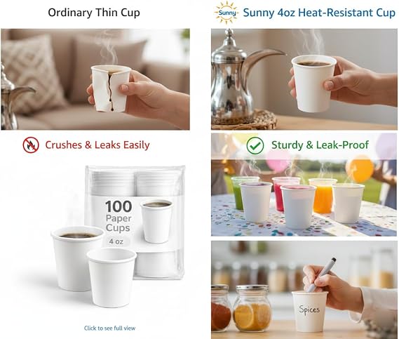 Sunny 4oz Paper Cups – 100 Pack | White 120ml Small Coffee & Tea Cups | Leak Proof, Heat Resistant, Heavy Duty | Party, Office & Catering Use