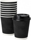 Sunny 8oz Ripple Paper Coffee Cups with Lids Pack of 20 | Eco-Friendly Recyclable Hot Drink Cups | Insulated Leak-Resistant Cups for Coffee, Tea, Latte & Cappuccino | Black