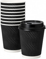 Sunny 8oz Ripple Paper Coffee Cups with Lids Pack of 20 | Eco-Friendly Recyclable Hot Drink Cups | Insulated Leak-Resistant Cups for Coffee, Tea, Latte & Cappuccino | Black