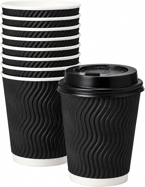 Sunny 8oz Ripple Paper Coffee Cups with Lids Pack of 20 | Eco-Friendly Recyclable Hot Drink Cups | Insulated Leak-Resistant Cups for Coffee, Tea, Latte & Cappuccino | Black