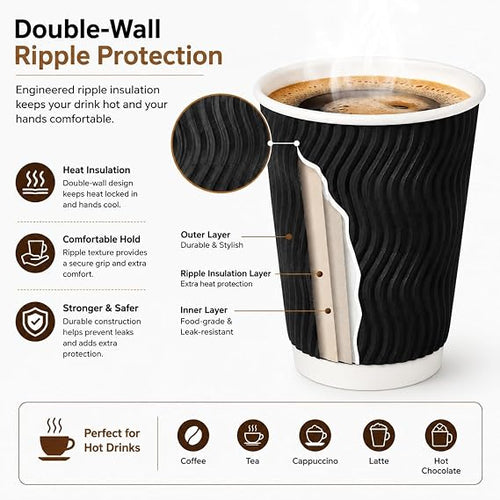 Sunny 8oz Ripple Paper Coffee Cups with Lids Pack of 20 | Eco-Friendly Recyclable Hot Drink Cups | Insulated Leak-Resistant Cups for Coffee, Tea, Latte & Cappuccino | Black