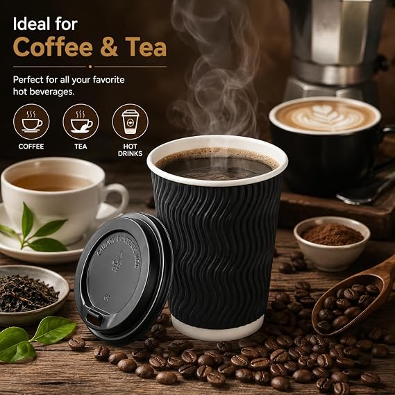Sunny 8oz Ripple Paper Coffee Cups with Lids Pack of 20 | Eco-Friendly Recyclable Hot Drink Cups | Insulated Leak-Resistant Cups for Coffee, Tea, Latte & Cappuccino | Black