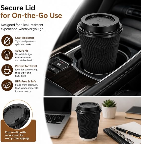 Sunny 8oz Ripple Paper Coffee Cups with Lids Pack of 20 | Eco-Friendly Recyclable Hot Drink Cups | Insulated Leak-Resistant Cups for Coffee, Tea, Latte & Cappuccino | Black