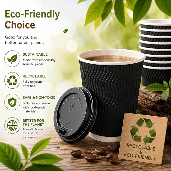 Sunny 8oz Ripple Paper Coffee Cups with Lids Pack of 20 | Eco-Friendly Recyclable Hot Drink Cups | Insulated Leak-Resistant Cups for Coffee, Tea, Latte & Cappuccino | Black