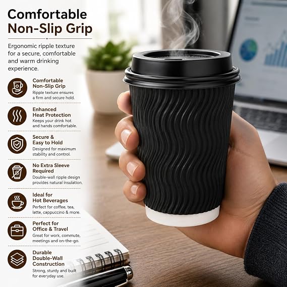 Sunny 8oz Ripple Paper Coffee Cups with Lids Pack of 20 | Eco-Friendly Recyclable Hot Drink Cups | Insulated Leak-Resistant Cups for Coffee, Tea, Latte & Cappuccino | Black