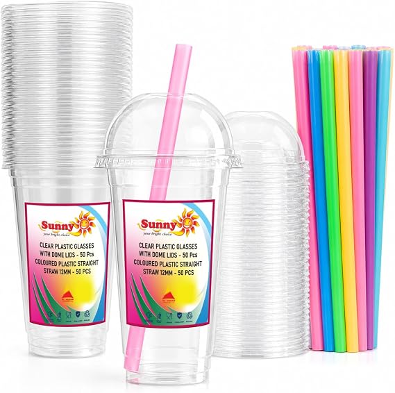 Sunny Clear Plastic Cups with Dome Lids & Straws, 16 oz (Pack of 50) – Reusable Transparent Cold Drink Cups for Smoothies, Bubble Tea, Iced Coffee & Juice