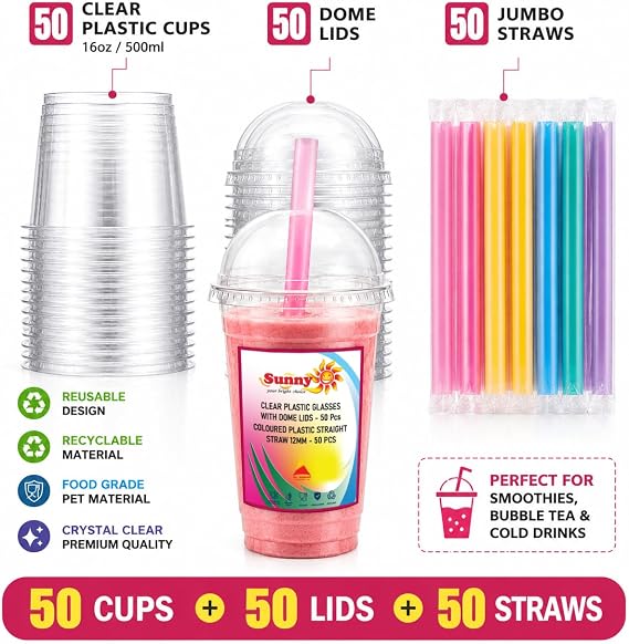 Sunny Clear Plastic Cups with Dome Lids & Straws, 16 oz (Pack of 50) – Reusable Transparent Cold Drink Cups for Smoothies, Bubble Tea, Iced Coffee & Juice