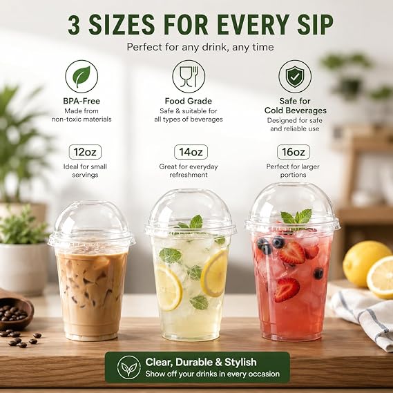 Sunny Clear Plastic Cups with Dome Lids & Straws, 16 oz (Pack of 50) – Reusable Transparent Cold Drink Cups for Smoothies, Bubble Tea, Iced Coffee & Juice