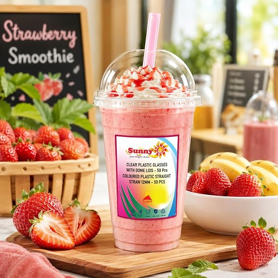 Sunny Clear Plastic Cups with Dome Lids & Straws, 16 oz (Pack of 50) – Reusable Transparent Cold Drink Cups for Smoothies, Bubble Tea, Iced Coffee & Juice