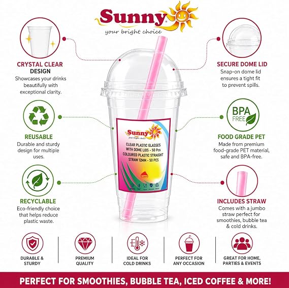 Sunny Clear Plastic Cups with Dome Lids & Straws, 16 oz (Pack of 50) – Reusable Transparent Cold Drink Cups for Smoothies, Bubble Tea, Iced Coffee & Juice