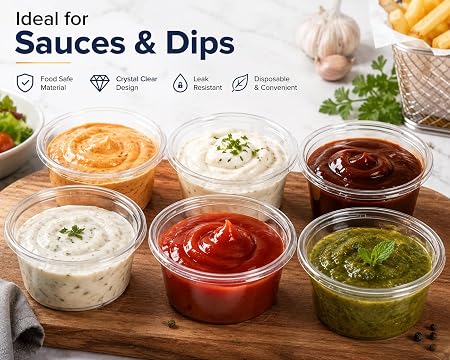 Sunny Clear Plastic Soufflé Cups with Lids | Reusable & Recyclable Portion Cups for Sauces, Dips, Condiments, Samples & Food Storage | Pack of 100