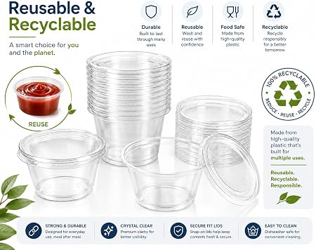 Sunny Clear Plastic Soufflé Cups with Lids | Reusable & Recyclable Portion Cups for Sauces, Dips, Condiments, Samples & Food Storage | Pack of 100