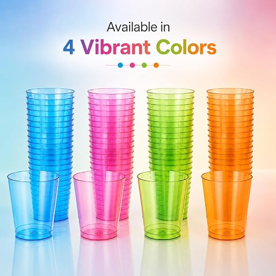 Sunny Colored Reusable Plastic Cups 8oz – 25 PCS Transparent Colored Drinking Cups for Juice, Water & Soft Drinks | Recyclable BPA-Free Party Cups