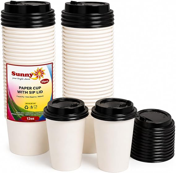 Sunny Paper Cups with Sip Lid 12 oz (360 ml) – White, Pack of 25