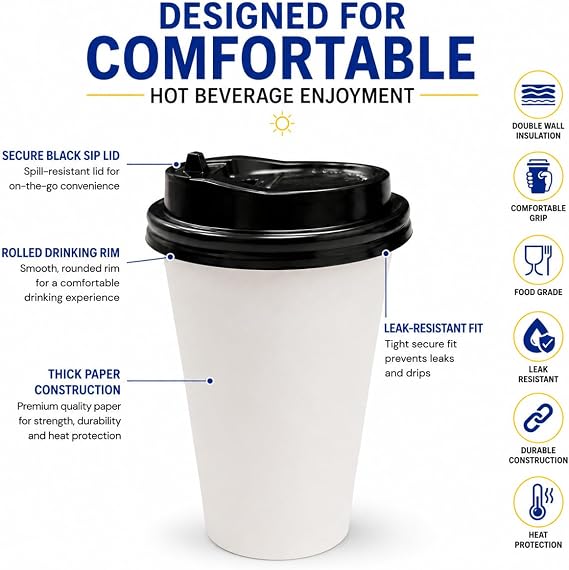 Sunny Paper Cups with Sip Lid 12 oz (360 ml) – White, Pack of 25