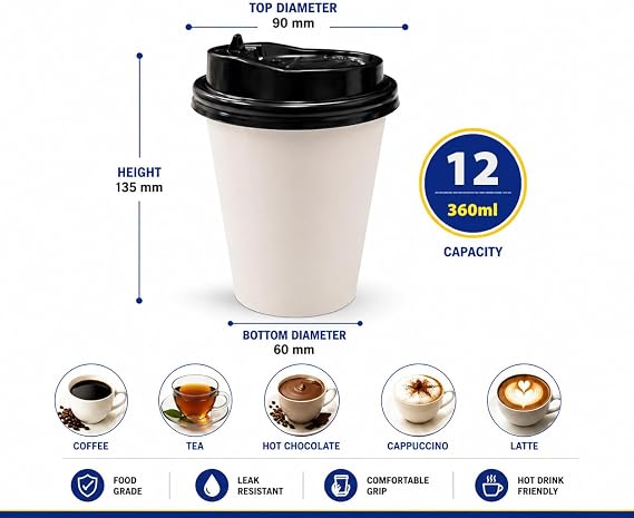 Sunny Paper Cups with Sip Lid 12 oz (360 ml) – White, Pack of 25