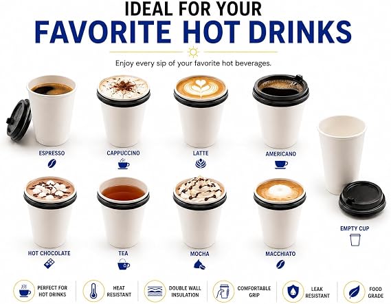 Sunny Paper Cups with Sip Lid 12 oz (360 ml) – White, Pack of 25