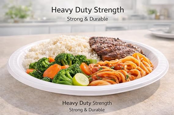 Sunny Plastic Plates 9 Inch [50 Pieces] - Heavy Duty White Round Plates for Parties, Weddings, Catering & Picnics - Microwave & Freezer Safe, BPA-Free, Durable & Leak-Proof Party Supplies