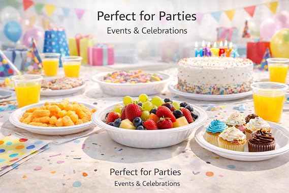 Sunny Plastic Plates 9 Inch [50 Pieces] - Heavy Duty White Round Plates for Parties, Weddings, Catering & Picnics - Microwave & Freezer Safe, BPA-Free, Durable & Leak-Proof Party Supplies