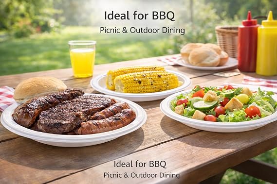 Sunny Plastic Plates 9 Inch [50 Pieces] - Heavy Duty White Round Plates for Parties, Weddings, Catering & Picnics - Microwave & Freezer Safe, BPA-Free, Durable & Leak-Proof Party Supplies