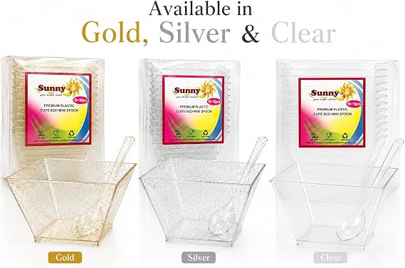 Sunny Premium Dessert Cups with Mini Spoons – 10 Cups + 10 Spoons, Reusable & Recyclable Square Plastic Dessert Bowls, Glitter Sparkle Party Cups for Desserts, Ice Cream & Snacks