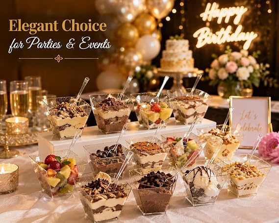 Sunny Premium Dessert Cups with Mini Spoons – 10 Cups + 10 Spoons, Reusable & Recyclable Square Plastic Dessert Bowls, Glitter Sparkle Party Cups for Desserts, Ice Cream & Snacks