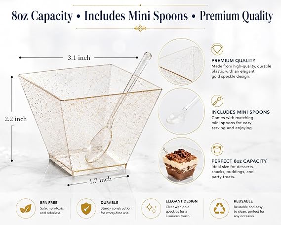 Sunny Premium Dessert Cups with Mini Spoons – 10 Cups + 10 Spoons, Reusable & Recyclable Square Plastic Dessert Bowls, Glitter Sparkle Party Cups for Desserts, Ice Cream & Snacks